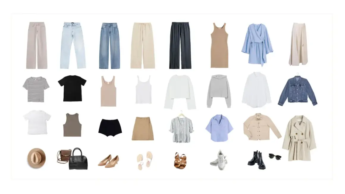 Eine Capsule Wardrobe Liste auf Deutsch: Hosen, Jeans, Röcke, Kleider, Oberteile, Jacken, Schuhe und Accessoires für vielseitige Outfits.