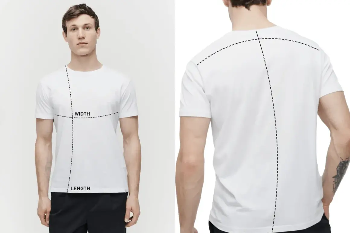 Mann mit weißem T-Shirt, das mit gestrichelten Linien für Breite und Länge markiert ist. So ermitteln Sie, wie lang sollte ein T-Shirt sein.