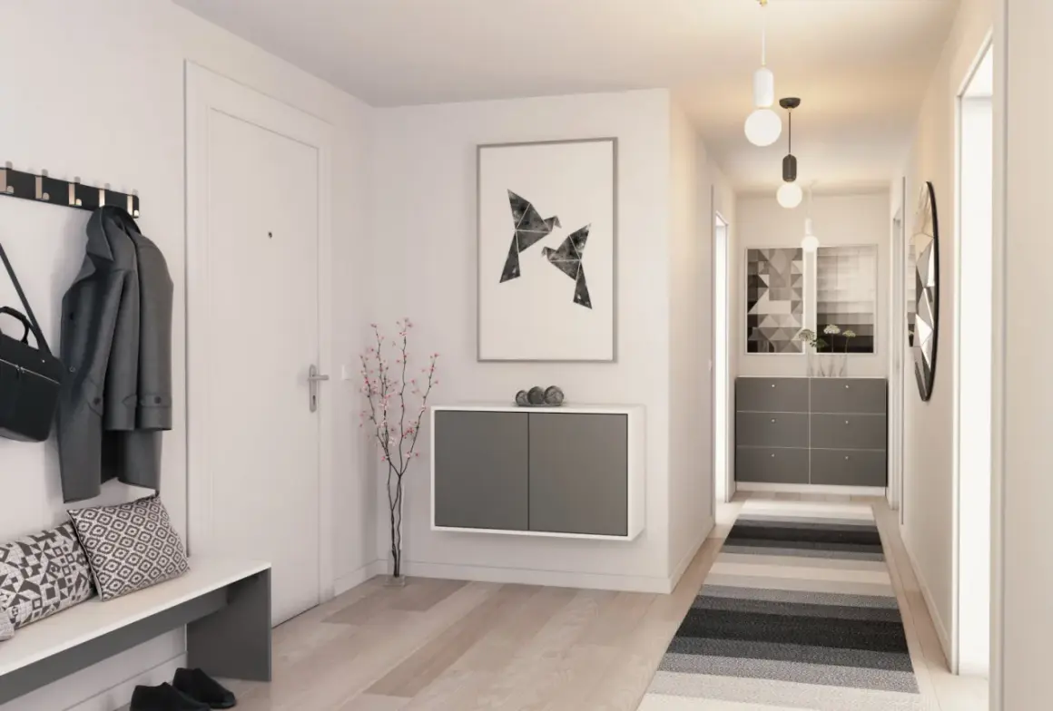 Moderne Garderobe mit schlichtem Design: Hängeschrank, Sitzbank, Garderobenleiste und Kunstwerk für Garderoben-Inspo.