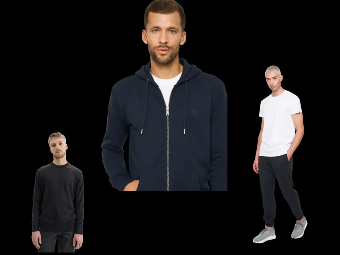 Drei Männer in lässiger Kleidung: Pullover, Kapuzenjacke und T-Shirt mit Jogginghose. Perfekt für die grundausstattung kleiderschrank mann.