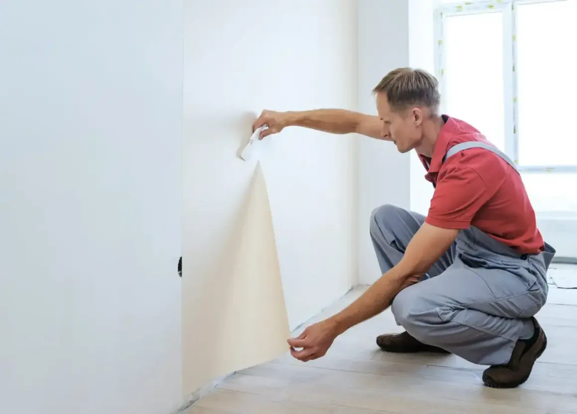 Mann kleistert Vliestapete an die Wand. Er hält ein Stück Tapete und streicht es mit einem Werkzeug glatt.