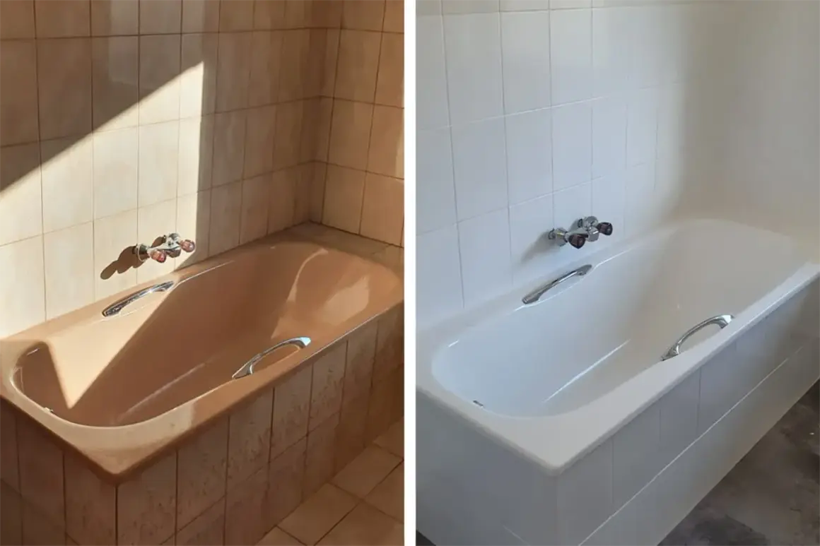 Vorher-Nachher-Vergleich: Braune Badewanne und Fliesen verwandeln sich durch neues Streichen in ein strahlendes Weiß.