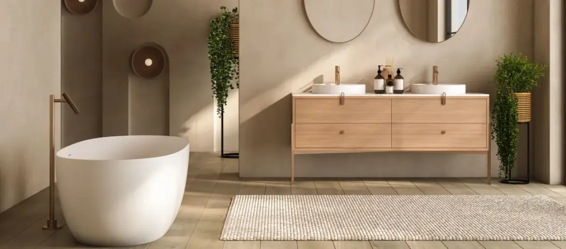 Modernes badezimmer braun creme mit freistehender Wanne, Doppelwaschtisch und Pflanzen.