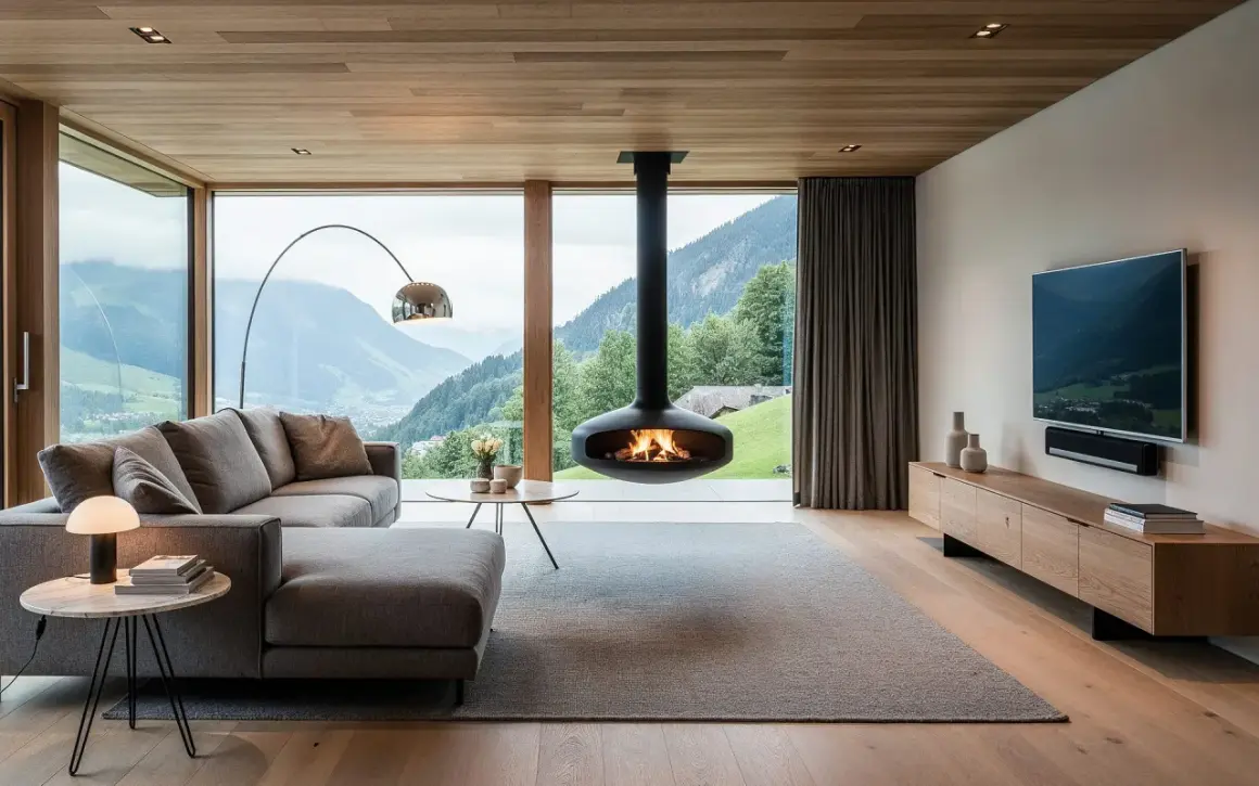Modernes Wohnzimmer mit Panoramablick. Holzdecken und -böden unterstreichen die Wohntrends Holz. Ein schwebender Kamin sorgt für Gemütlichkeit.