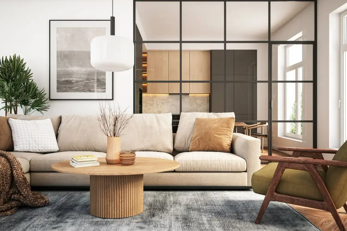 Gemütliches Wohnzimmer mit beigem Sofa, Holztisch und Blick in eine moderne Küche. Neue Wohntrends für ein stilvolles Zuhause.