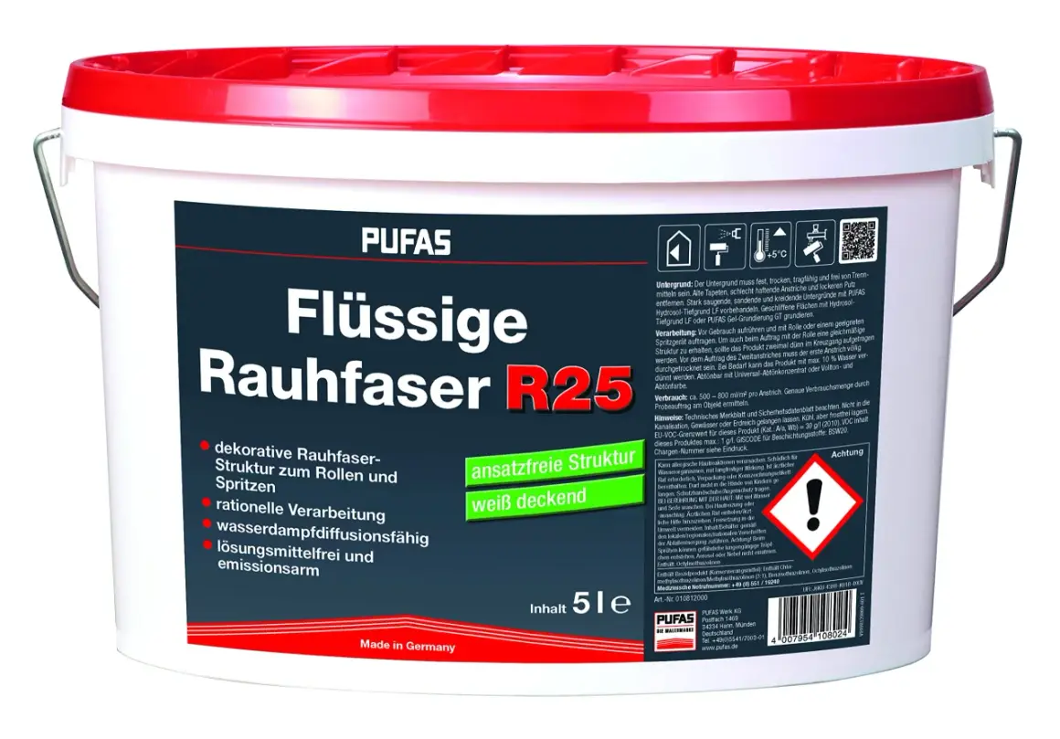 PUFAS Flüssige Rauhfaser R25: dekorative Struktur zum Rollen und Spritzen. Wasserdampfdiffusionsfähig, lösungsmittelfrei.