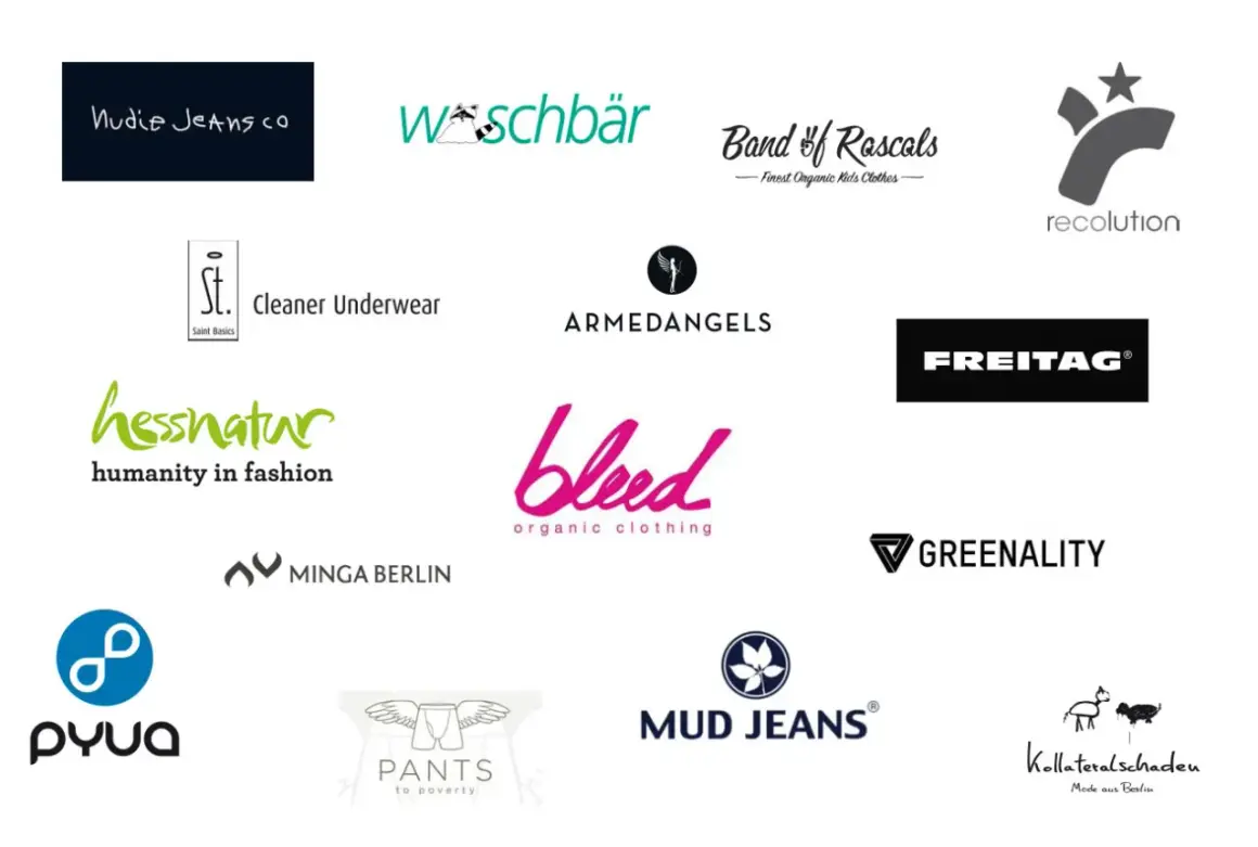 Logos von Marken wie Nudie Jeans, Hessnatur, Armedangels, Bleed, Mud Jeans, Freitag, Greenality, Pyua, Pants to Poverty, MINGA BERLIN, St. Cleaner Underwear, Waschbär, Band of Rascals, Recolution und Kollateralschaden. Diese Marken produzieren nicht fair.