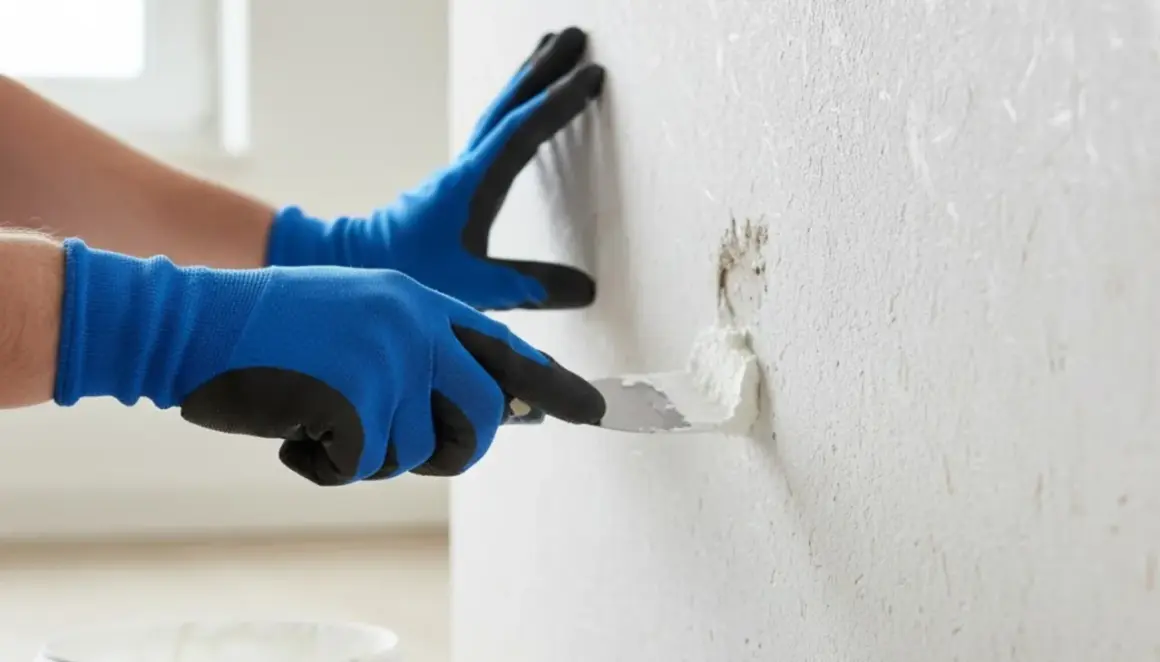 Mit blauen Handschuhen wird mit einer Spachtelmasse eine beschädigte Stelle an einer Raufasertapete ausgebessert.