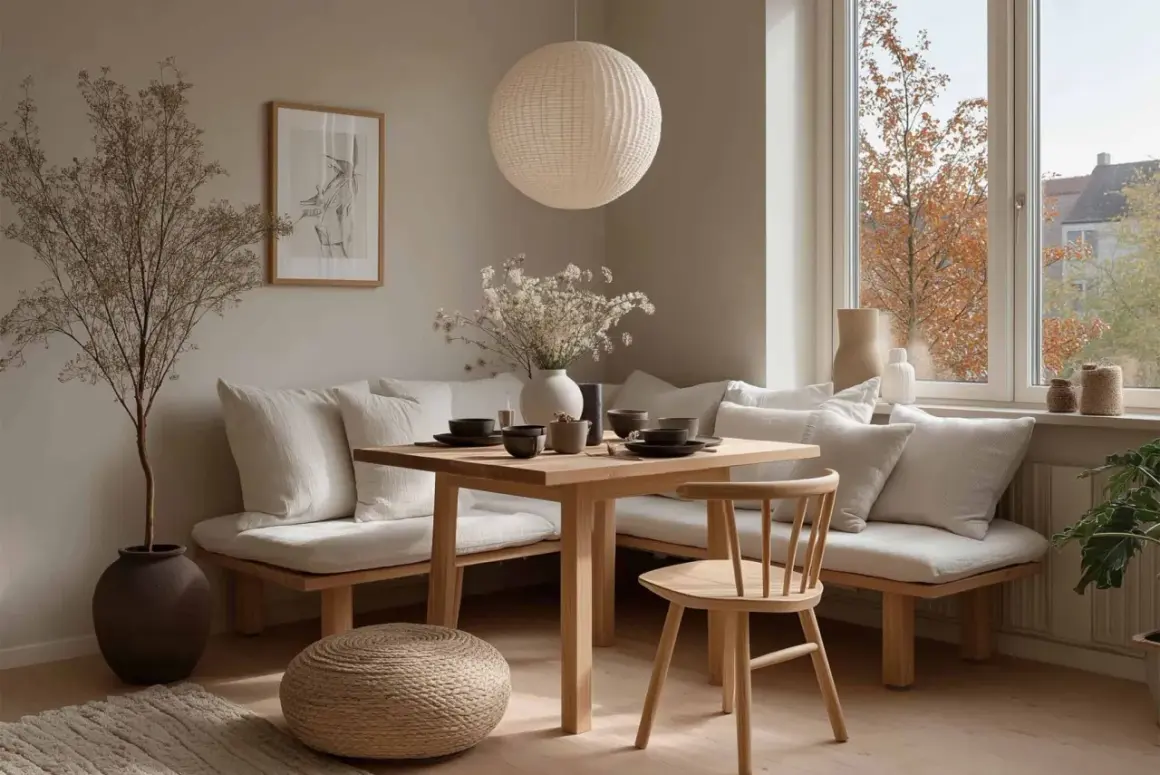 Gemütliche Ecke mit Holztisch, Bank und Stuhl. Perfekte esstisch inspo für entspannte Mahlzeiten.