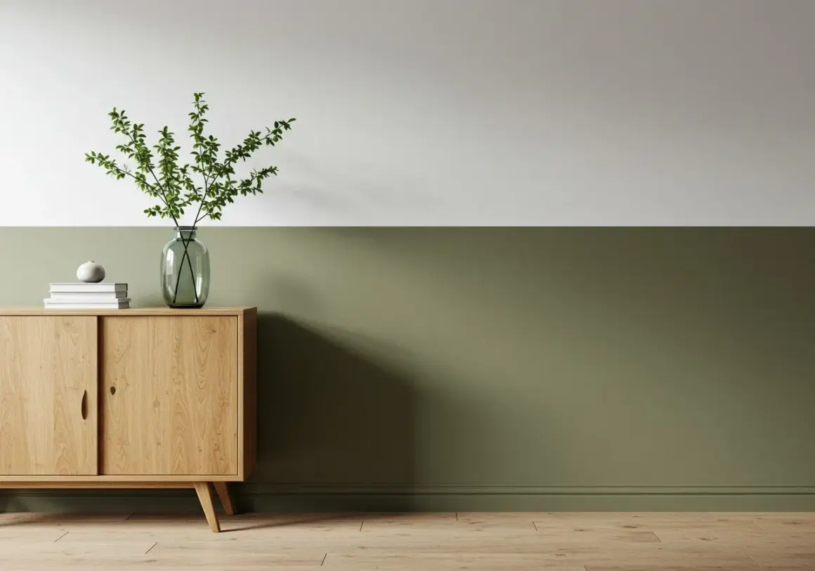 Ein Sideboard aus Holz mit Büchern und einer Vase mit Zweigen steht vor einer zweifarbig gestrichenen Wand. Die untere Hälfte der Wand ist in einem erdigen Grün gehalten, die obere Hälfte in Weiß.