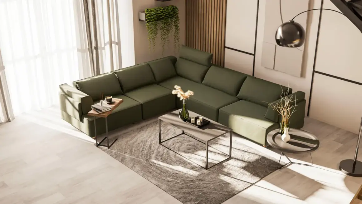 Grünes Ecksofa in einem hellen Raum. Die Sonne wirft Schatten durch die Vorhänge. Was sind warme Farben? Hier nicht zu sehen, aber die Atmosphäre ist gemütlich.