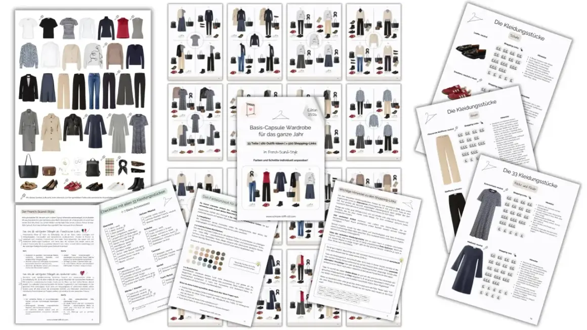 Übersicht über eine Capsule Wardrobe mit 33 Teilen, Outfit-Ideen und Shopping-Links. Diese **Kleidung Konsum Statistik** zeigt, wie man mit wenigen Teilen viele Looks kreiert.