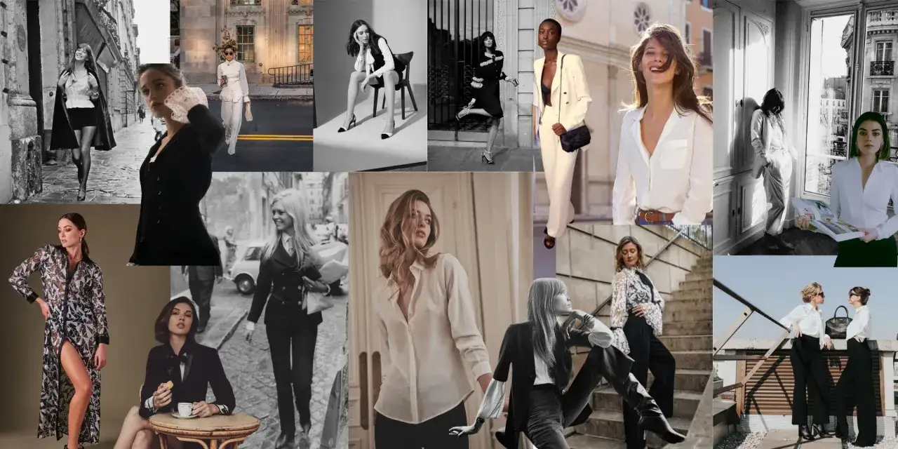 Collage von Frauen in stilvoller Kleidung, die zeitlose Eleganz und slow fashion verk&ouml;rpern.