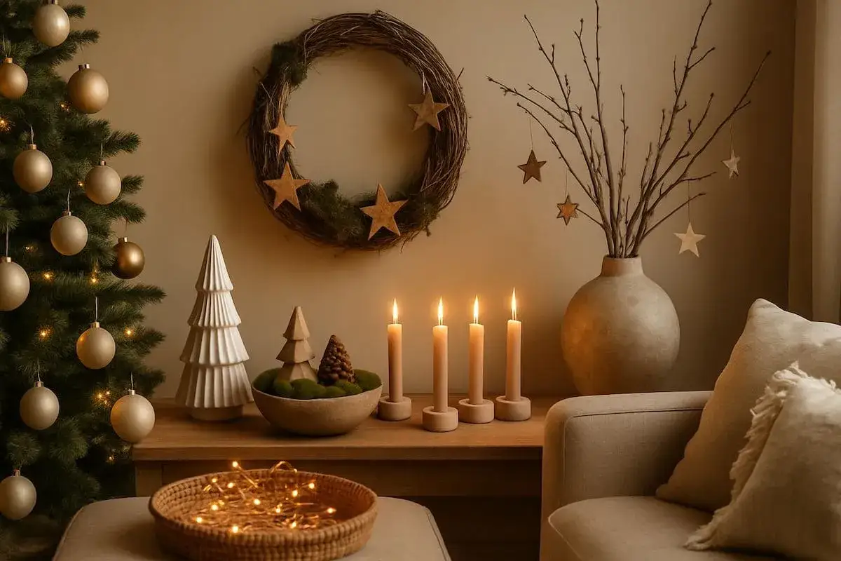 Ein Adventskranz, Kerzen und ein Weihnachtsbaum schaffen ein gemütliches Ambiente. Weihnachtsstimmung im Stil weihnachten minimalistisch.