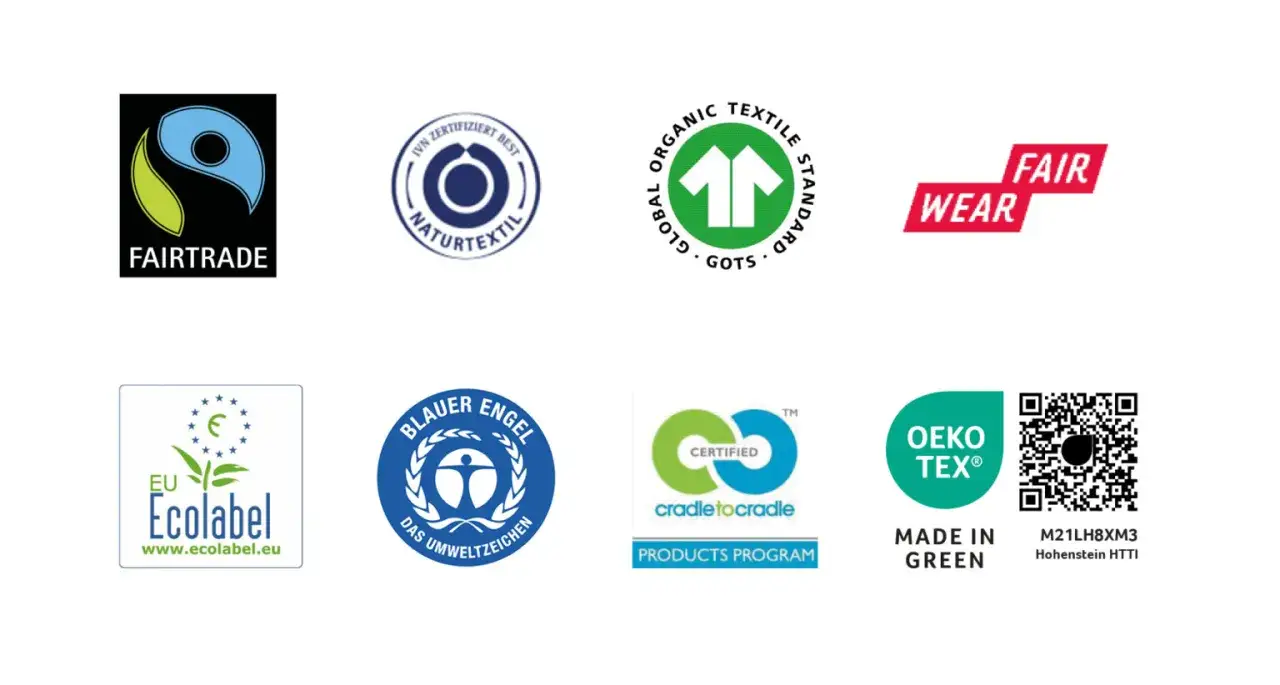 Siegel für nachhaltige kleidungsmarken: Fairtrade, Naturtextil, GOTS, Fair Wear, EU Ecolabel, Blauer Engel, Cradle to Cradle, OEKO-TEX Made in Green.
