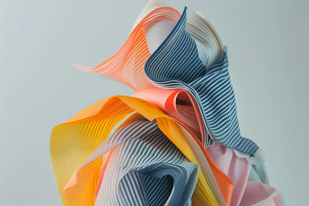 Abstrakte Formen aus flie&szlig;enden Stoffen in Orange, Blau und Rosa. Diese Stoffe k&ouml;nnten die Kleidung der Zukunft sein, die sich anpasst und ver&auml;ndert.