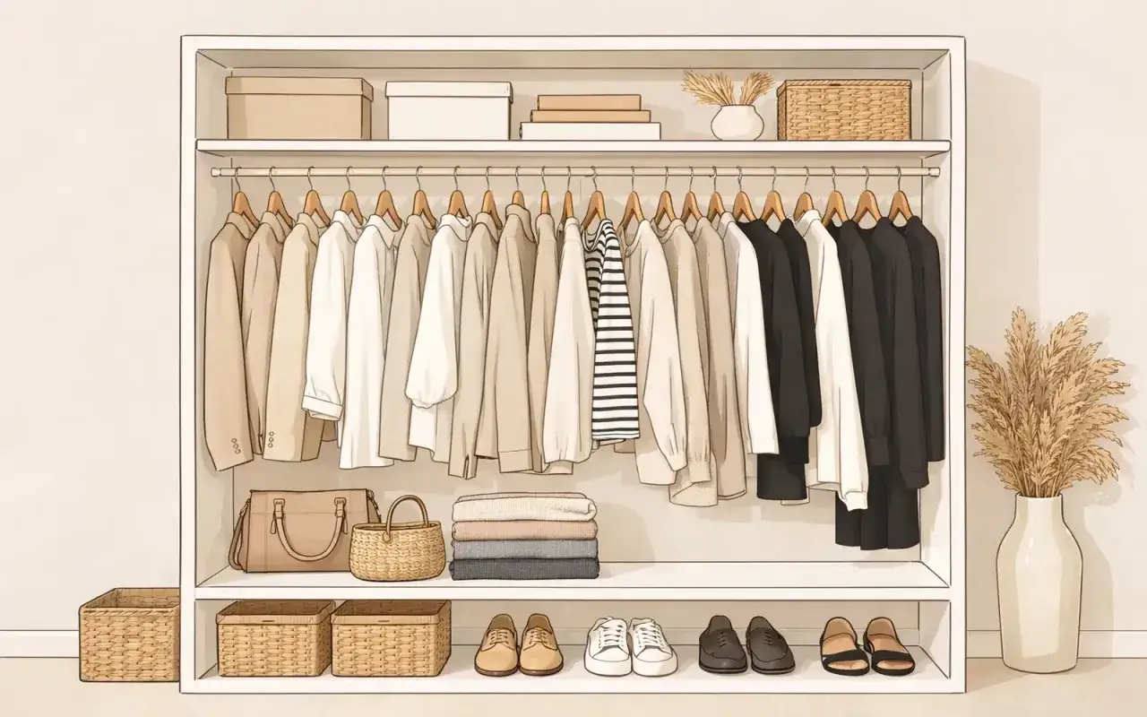 Ordentliche Garderobe mit neutralen Kleidungsstücken, inspiriert von einer capsule wardrobe liste deutsch. Körbe, Taschen und Schuhe sind ebenfalls zu sehen.