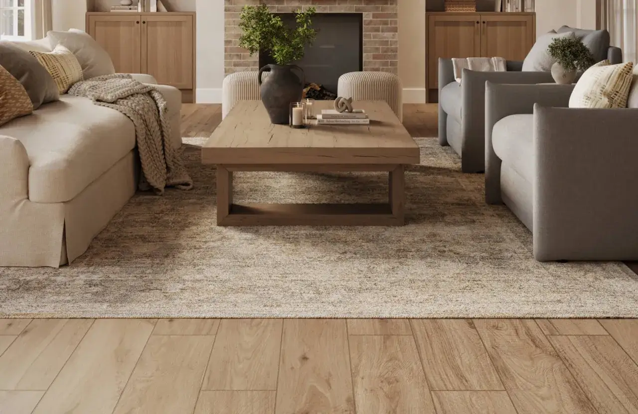 Ein gemusterter Teppich liegt auf grauen Fliesen, umgeben von beigen und grauen Sofas.