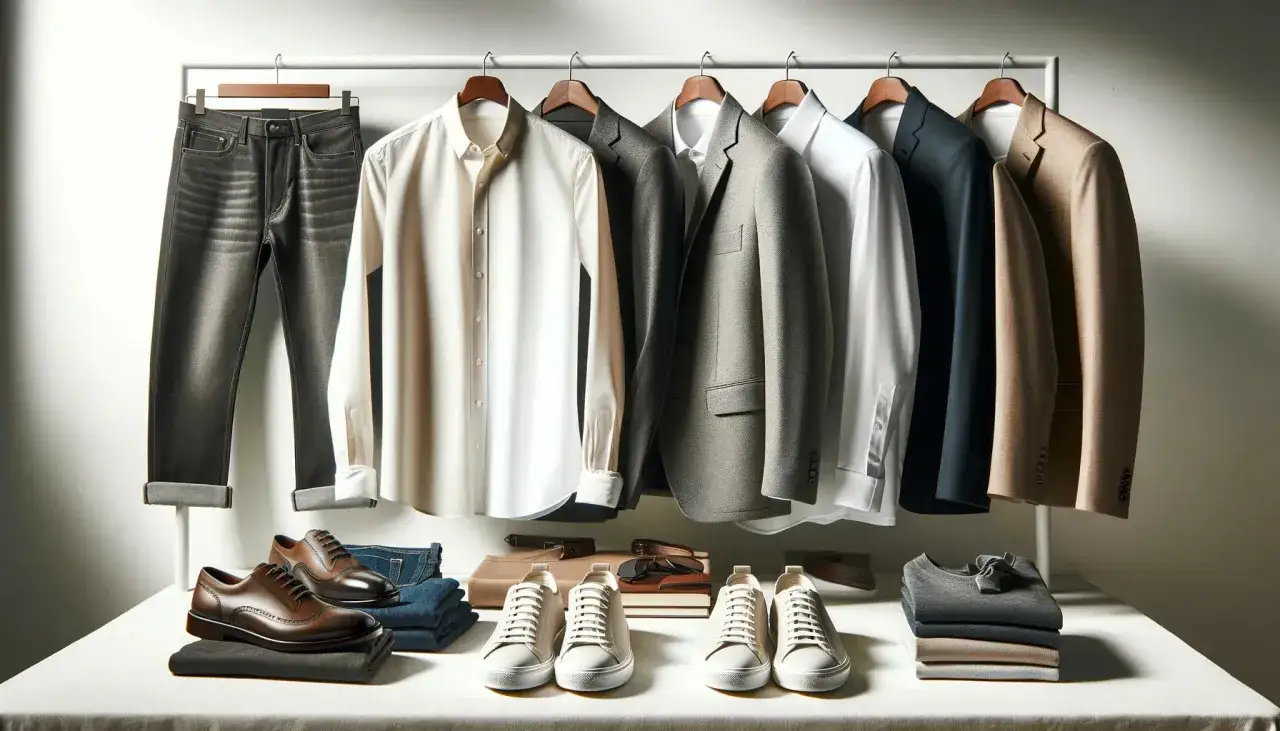 Stilvolle Auswahl für eine capsule wardrobe mann: Jeans, Hemden, Sakkos, Leder- und Sneaker-Schuhe.
