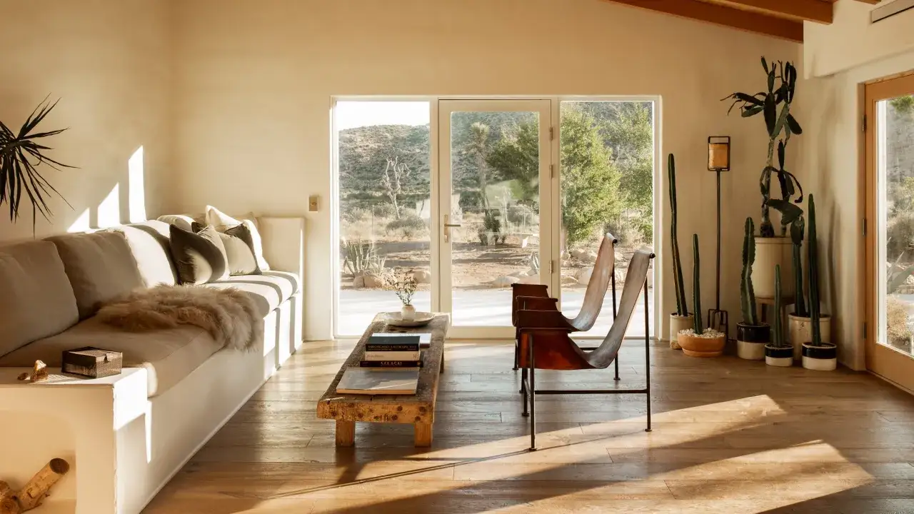 Ein gemütliches hygge style wohnzimmer mit beiger Couch, Holztisch und Ledersesseln. Kakteen und Wüstenlandschaft draußen.