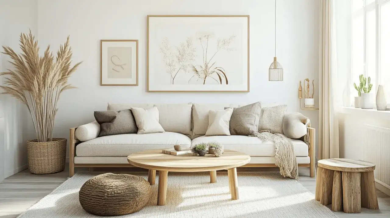 Gemütliches Wohnzimmer im Scandi Style mit hellem Sofa, Naturmaterialien und viel Licht.