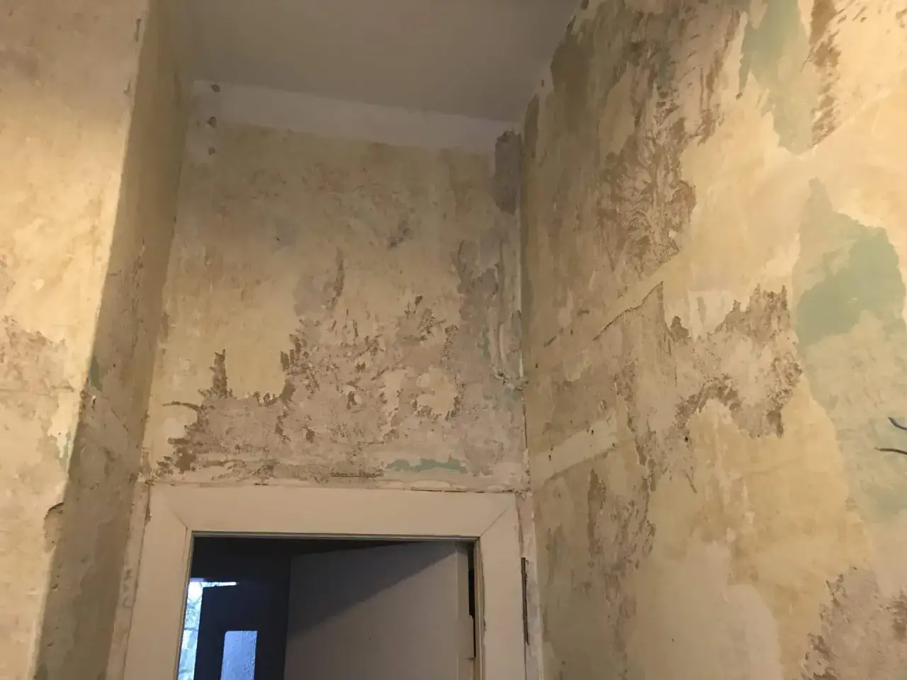 Abblätternde Tapete über einer Tür. Ein Vergleich von Malervlies vs. Rauhfaser Kosten ist hier angebracht.