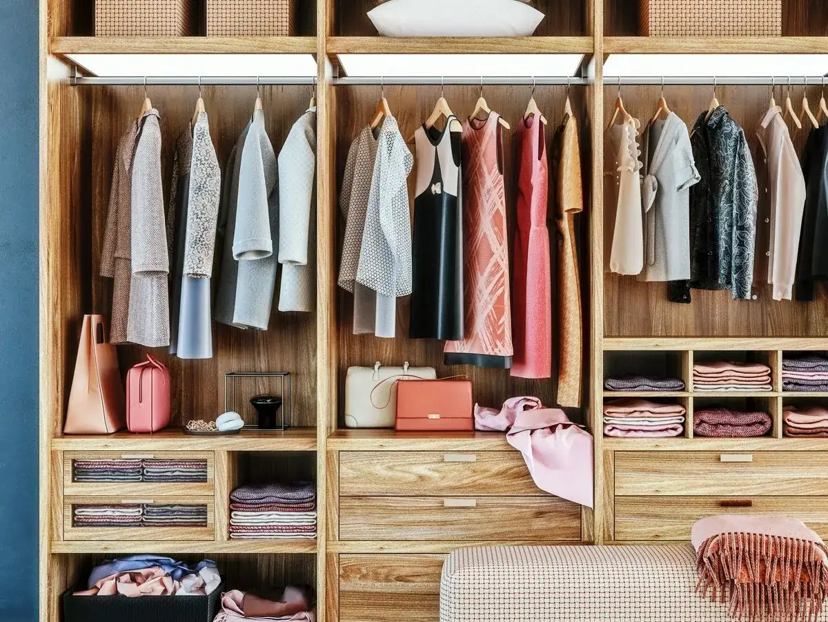 Kleiderschrank mit Kleidern, Taschen und gefalteter Kleidung. Eine gute Organisation zeigt, was man gegen Fast Fashion tun kann: bewusster Konsum und Pflege.