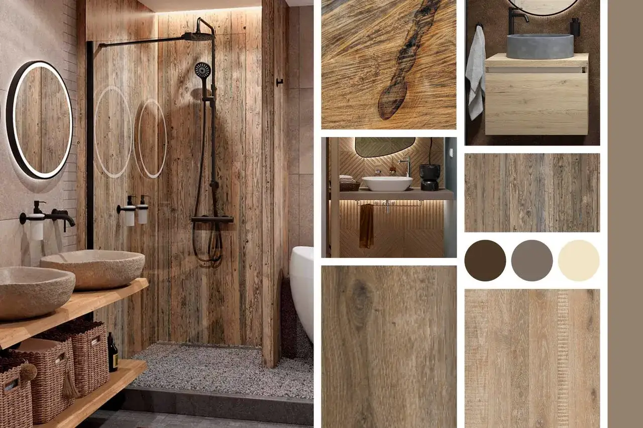 Holzoptik im Bad: Dusche, Waschbecken und Deko-Elemente f&uuml;r moderne Badezimmer Ideen. Nat&uuml;rliche Materialien und erdige T&ouml;ne.