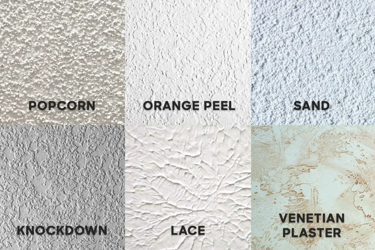 Sechs verschiedene Texturen von Raufaser Putz innen: Popcorn, Orange Peel, Sand, Knockdown, Lace und Venetian Plaster.