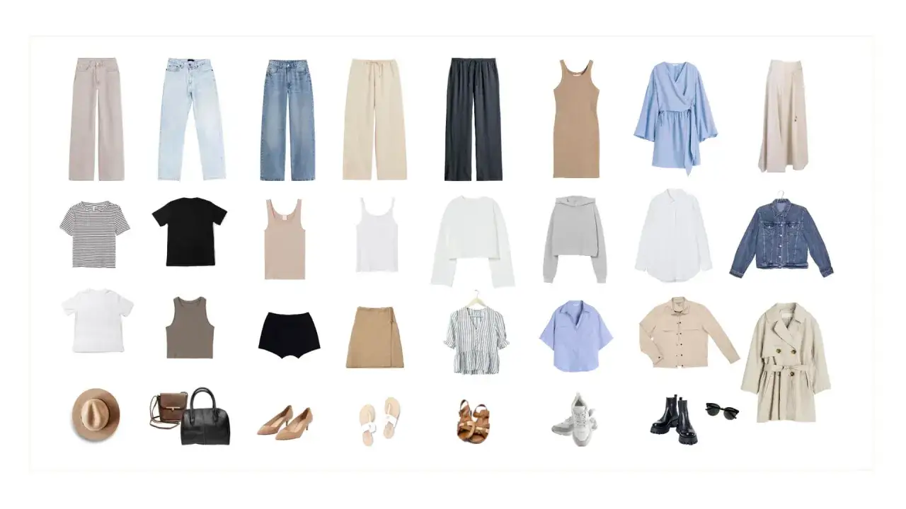 Eine Capsule Wardrobe mit Hosen, Röcken, Kleidern, Oberteilen, Jacken und Accessoires. Perfekt für einen minimalistischen Stil.