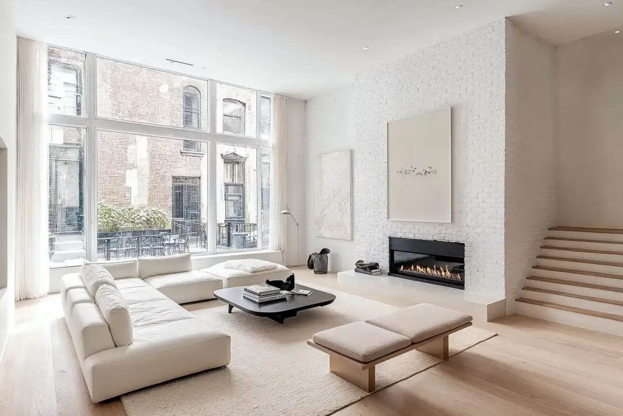 Ein helles Wohnzimmer mit großem Fenster, weißem Sofa, Kamin und Treppe. Ein Beispiel für einen minimalistischen Lebensstil, der Ruhe und Klarheit ausstrahlt.