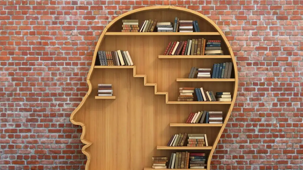 Bücherregal in Form eines Kopfes, gefüllt mit Büchern. Das Ausmisten von Wissen und Gedanken ist wie das Ordnen dieser Regale.