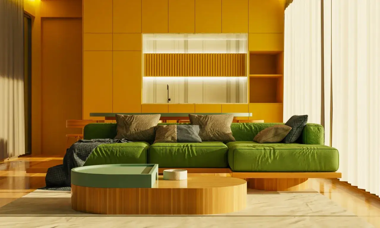 Ein grünes Sofa mit Kissen und eine runde Holz-Couchtisch mit grüner Ablage. Minimalismus-Inspiration für eine