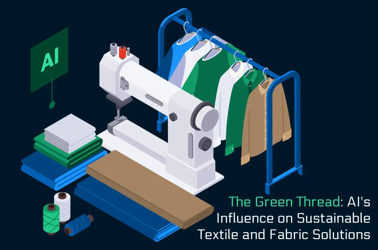 KI-gestützte Nähmaschine, Stoffe und Kleidung auf Bügeln symbolisieren nachhaltige Textilproduktion.