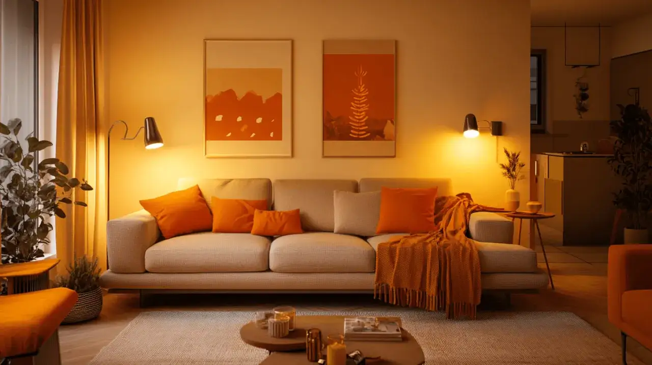 Gemütliches Wohnzimmer mit Sofa, Kissen und Decke in warmen Farben. Zwei Bilder mit abstrakten Motiven in Orange und Rot hängen an der Wand.