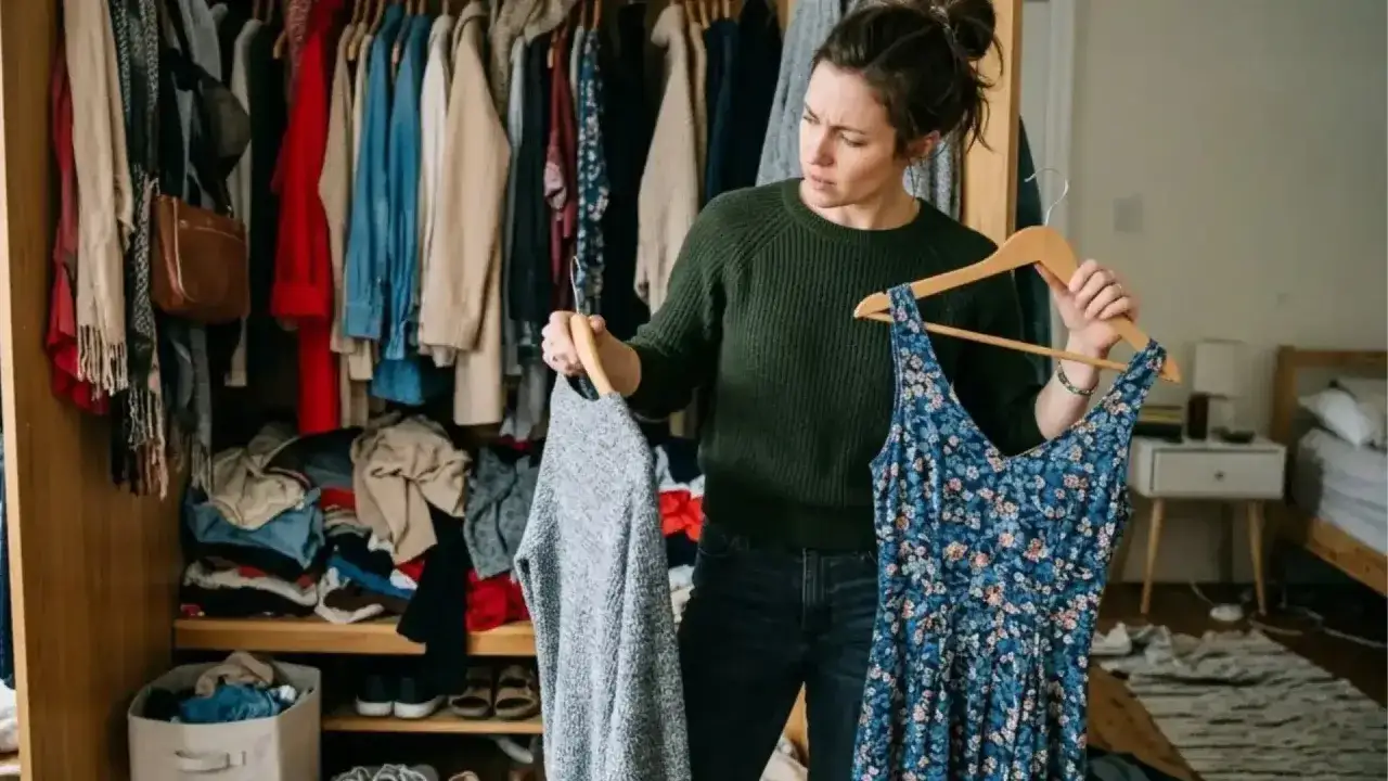 Frau wählt zwischen einem grauen Pullover und einem geblümten Kleid. Ein voller Kleiderschrank spiegelt die Herausforderung wider, fast fashion und slow fashion zu vereinen.
