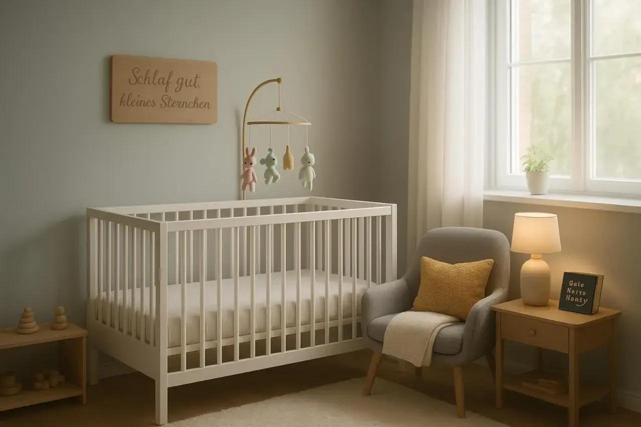 Ein gem&uuml;tliches Kinderzimmer mit neutraler Wandfarbe. Ein wei&szlig;es Gitterbett, ein Sessel mit Kissen und eine Lampe auf einem Nachttisch schaffen eine beruhigende Atmosph&auml;re.