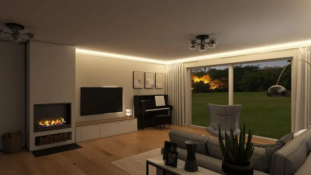Gemütliches Wohnzimmer mit Kamin, Klavier und Blick ins Grüne. Perfekte hygge einrichtung für entspannte Abende.