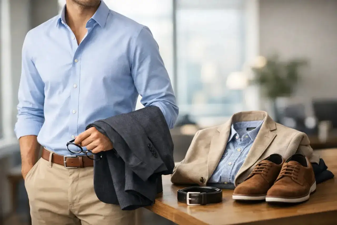 Mann mit Hemd und Sakko, daneben Outfit mit Sakko, Hemd, G&uuml;rtel und Schuhen. Wie viele Hemden braucht man f&uuml;r so einen Look?
