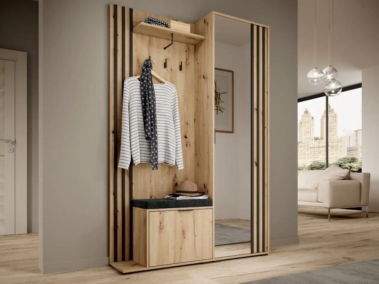 Moderne Garderobe mit Holzfront, Spiegel und Sitzbank &ndash; perfekte Garderoben-Inspo f&uuml;r einen stilvollen Eingangsbereich.