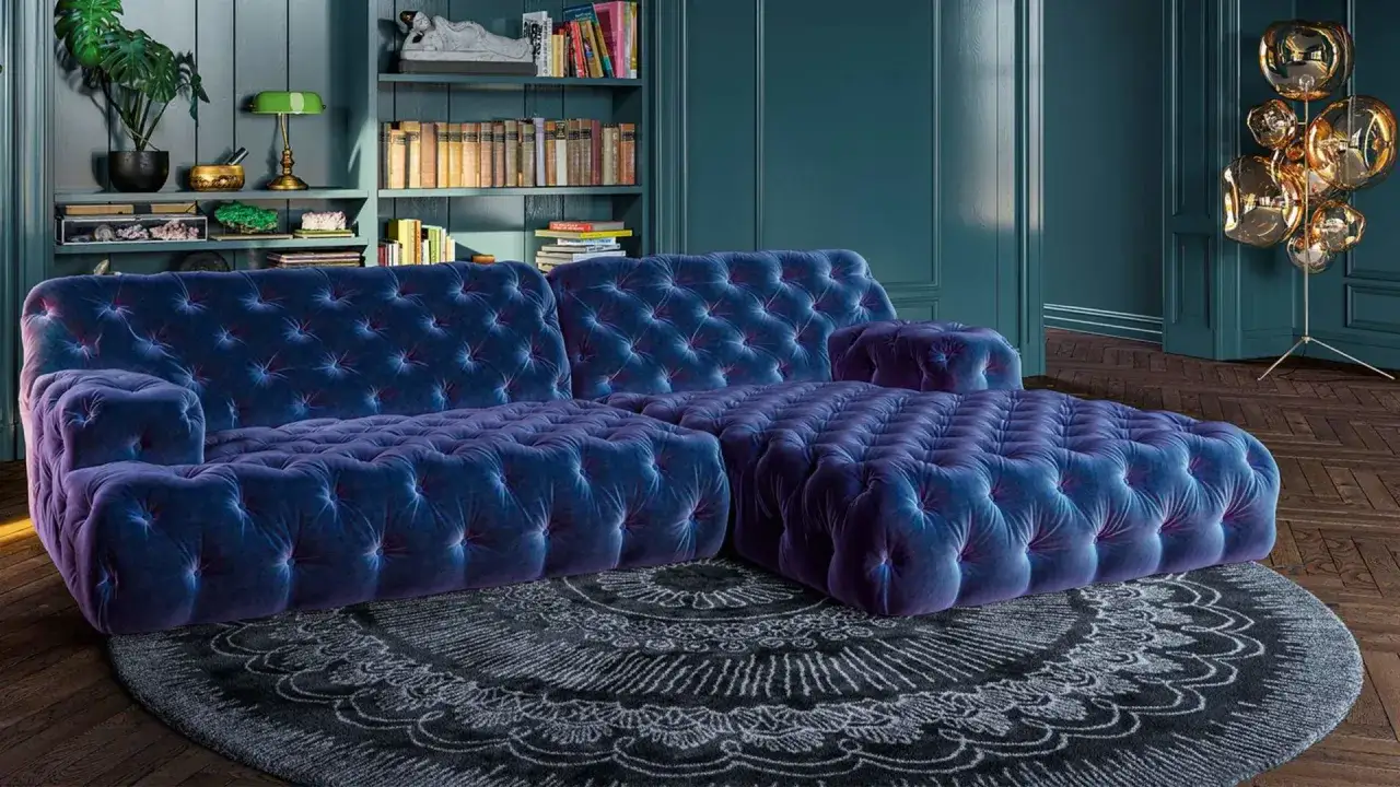 Ein luxuri&ouml;ses, dunkelblaues Wohnzimmer mit einem tief gepolsterten Sofa und einem runden Teppich. B&uuml;cherregale und eine auff&auml;llige Stehlampe vervollst&auml;ndigen den eleganten Raum.