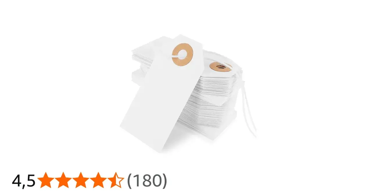 Stapel weißer Anhänger mit Schnur, ideal für Flohmarkt Preisschilder. Ja oder Nein? Diese hier sind perfekt!