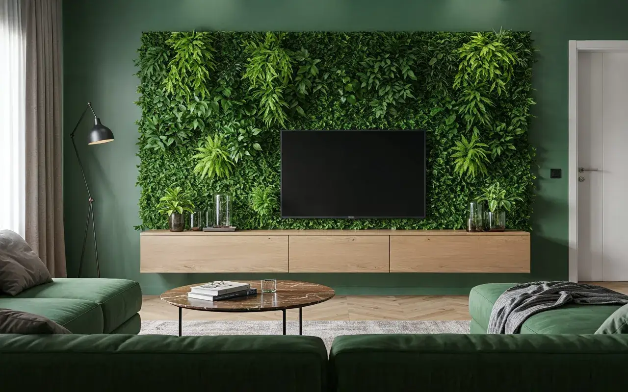 Grüne Oase im Wohnzimmer: Eine üppige Pflanzenwand hinter dem TV-Gerät verkörpert slow living einrichtung. Holzmöbel und bequeme Sofas laden zum Entspannen ein.