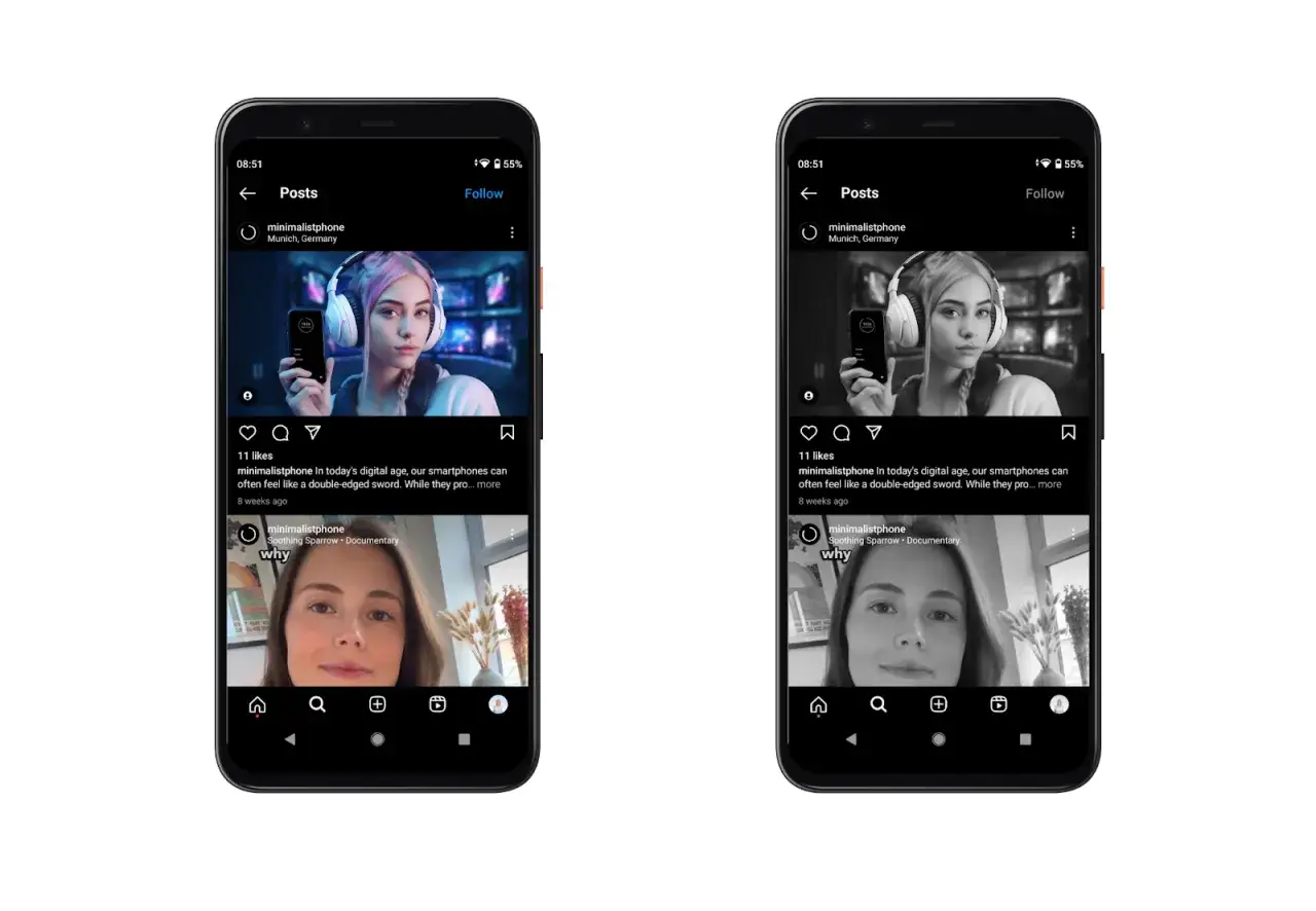 Zwei Smartphones zeigen Instagram-Posts. Ein Post handelt von einem Leben mit weniger Handy.