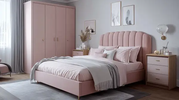 Ein gemütliches Schlafzimmer in Altrosa und Grau. Ein großes Bett mit rosa Bettwäsche, ein Kleiderschrank und Nachttische schaffen eine harmonische Atmosphäre.