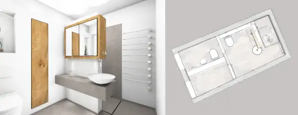 Moderne Badezimmeraufteilung Ideen: ein Waschbecken auf Betonkonsole, Holzverkleidung und ein Grundriss zeigen clevere Raumgestaltung.