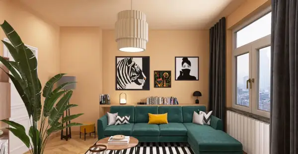 Gemütliches Wohnzimmer mit smaragdgrünem Sofa, auffälligen Kunstwerken und warmen Farbkombinationen an der Wand.