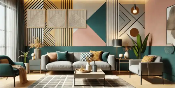 Modernes Wohnzimmer mit geometrischer Wandgestaltung, die einen trendigen Look erzeugt. Ein Sofa, Sessel und ein Couchtisch laden zum Entspannen ein.