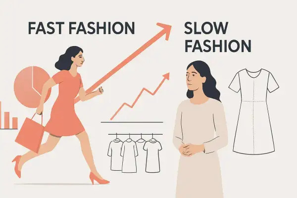 Frau rennt im roten Kleid, symbolisiert Fast Fashion. Daneben steht eine Frau in hellem Kleid, repräsentiert Slow Fashion.
