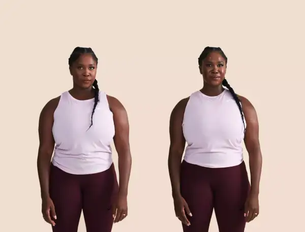 Zwei Bilder einer Frau im Sportoutfit. Links ernster Blick, rechts lächelnd. Ein Vorher-Nachher-Vergleich, der zeigt, wie sich das Wohlbefinden ausmisten kann.
